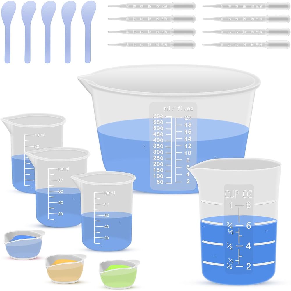 Mixing Cup Silicone - シリコン樹脂混合計量カップまたは樹脂用品、600ml/20ozボウル、エポキシ用250mlと100mlの厚みのある再利用可能なシリコンカップ